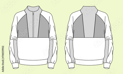 Athleisure cut and sew funnel neck half zip long sleeve jacket flat sketch vector illustration technical cad drawing template