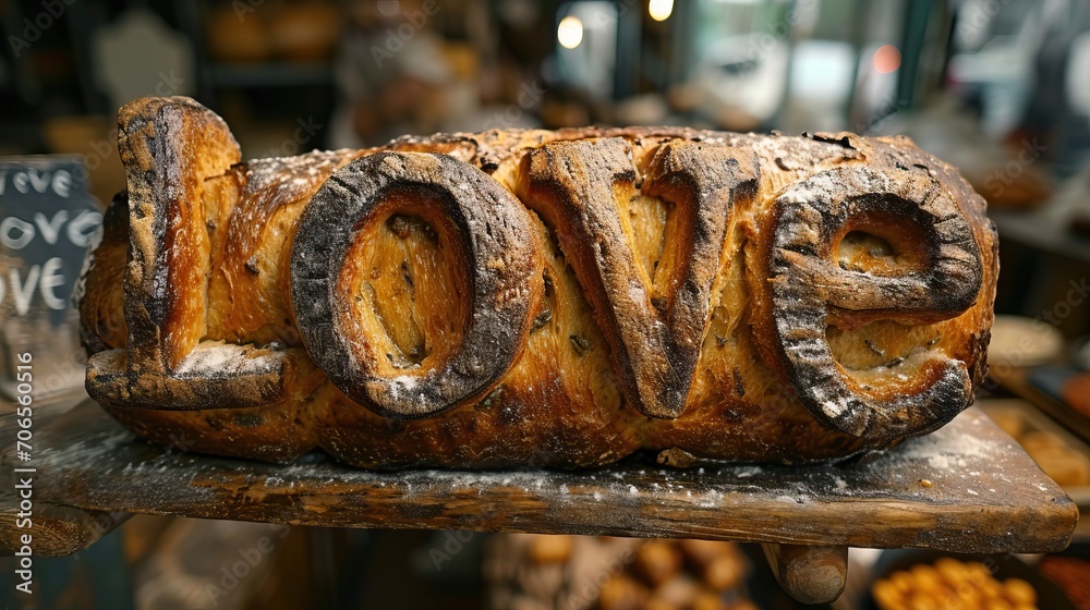 "Love" écrit sur du pain posé sur une table bois dans une boulangerie rustique - obrazy, fototapety, plakaty 