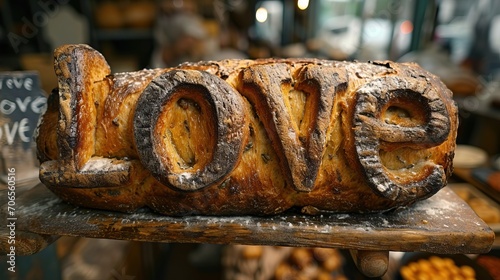 "Love" écrit sur du pain posé sur une table bois dans une boulangerie rustique