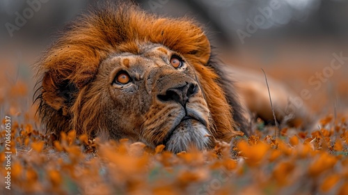 Lion couché qui regarde en l'air, paisible et calme et pensif dans la savane