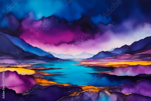 Beautiful watercolors of a winter lake between high mountains.