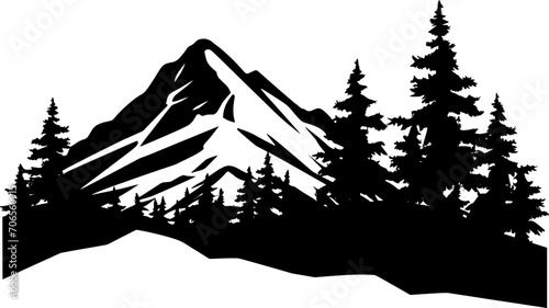 Black silhouette of mountains and forest fir trees camping landscape panorama illustration icon vector for logo, isolated on white background. AI generated illustration