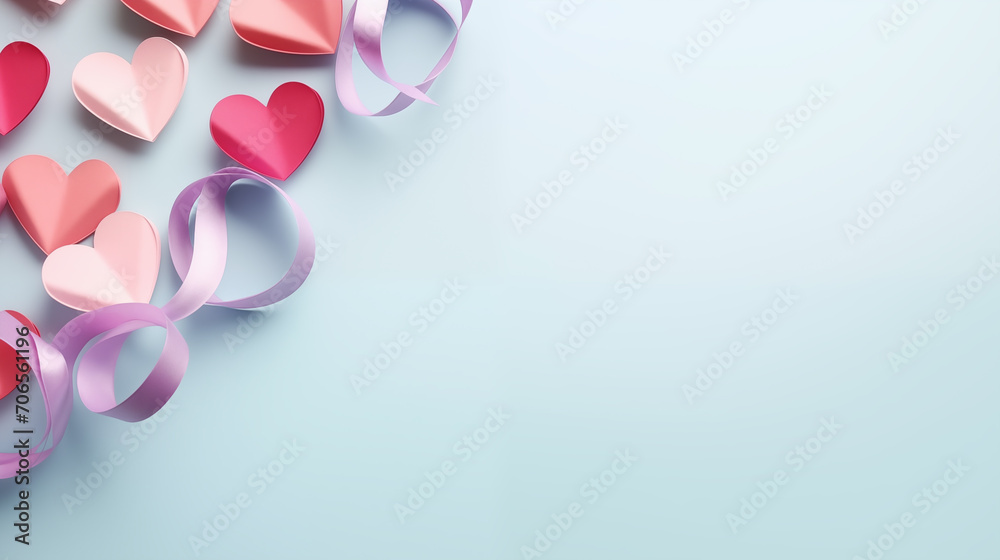 Shapes of colorful hearts made of ribbons on a blue, pastel background. Shapes of colorful hearts made of ribbons on a blue, pastel background.