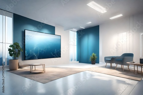 modern living room with blue windows