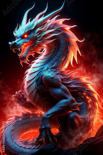 A vibrantly colored illustration of a dragon, with a long, sinuous body and large , The dragon is rendered in a stylized style, with sharp angles and bright colors. The background is a 