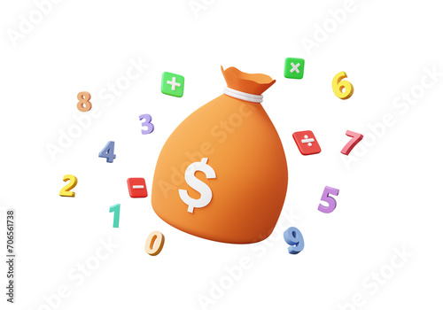 Business finance education bag money with symbols math, plus, minus, multiplication, colorful arithmetic game learn counting number concept. 3d render illustration