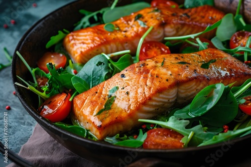 Sizzling Salmon Skillet: Freshly Cooked Salmon with Salad Greens and Tomatoes in a Skillet