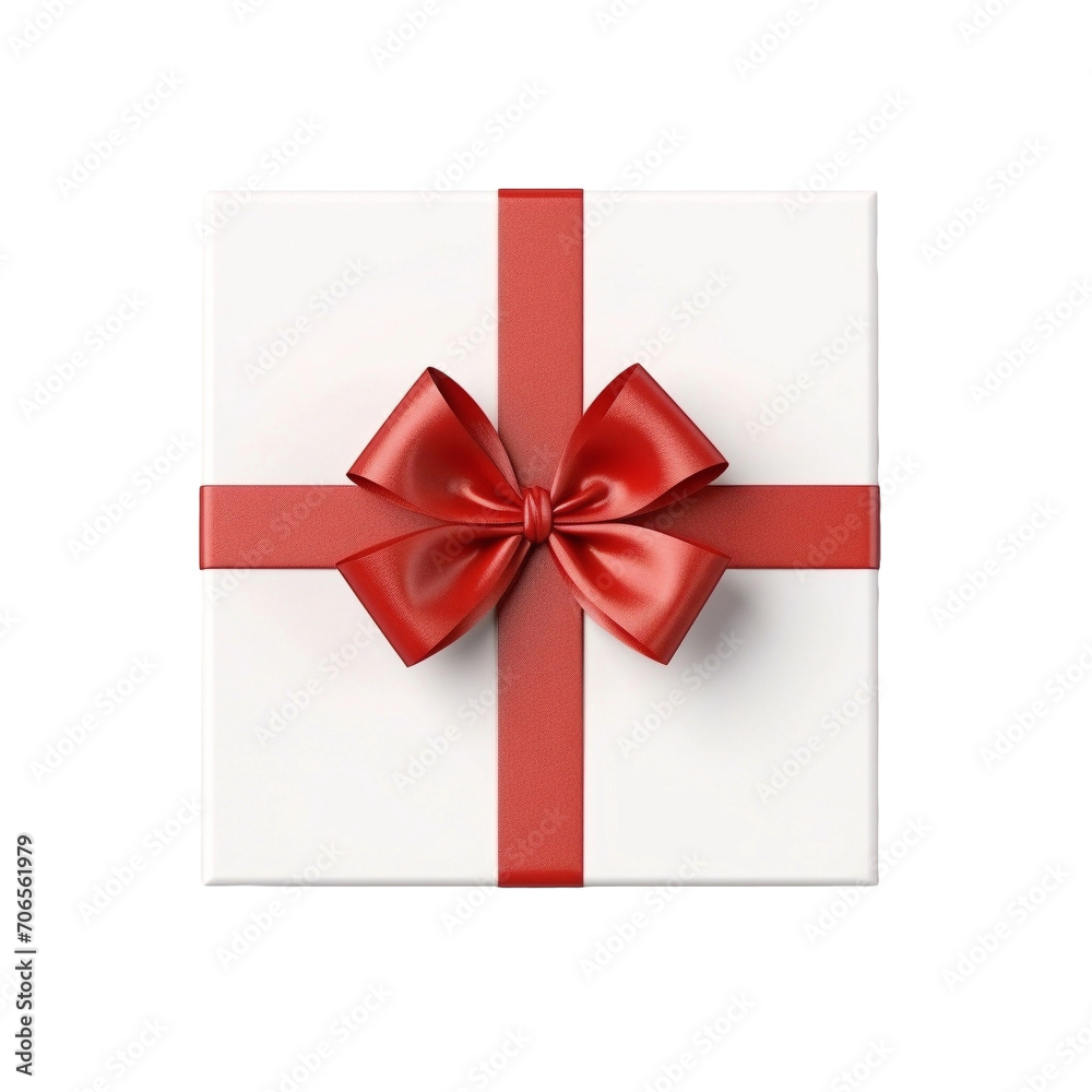 a white gift box with red ribbon on a transparent background
