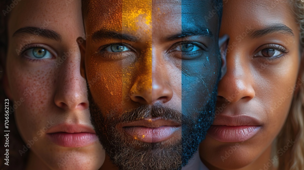 Portrait homme au regard clair avec beaucoup d'intensité. avec 2 personnes à ces cotés.