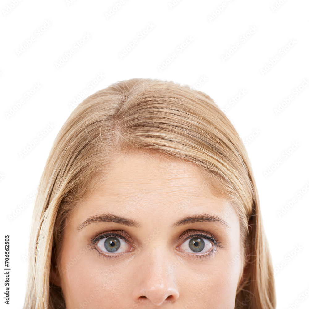 Closeup, portrait and surprise with woman, eyes and announcement isolated on a white studio background. Face, person and expression with gossip, review and feedback with news, facial and mockup space Closeup, portrait and surprise with woman, eyes and announcement isolated on a white studio background. Face, person and expression with gossip, review and feedback with news, facial and mockup space