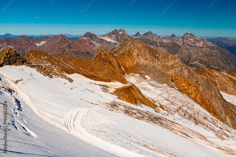 Alpine summer view at Wildspitzbahn cable car, Pitztal Glacier, Imst, Tyrol, Austria