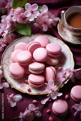 delicious beautiful pink macaroons in a beautiful plate.