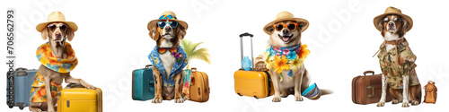 A set of dog dressed for summer travel isolated on a transparent background PNG