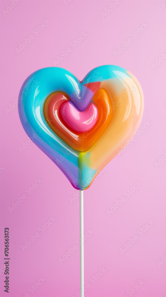 colorful heart shaped lollipop on a pink background. Minimal love and women's day background	
