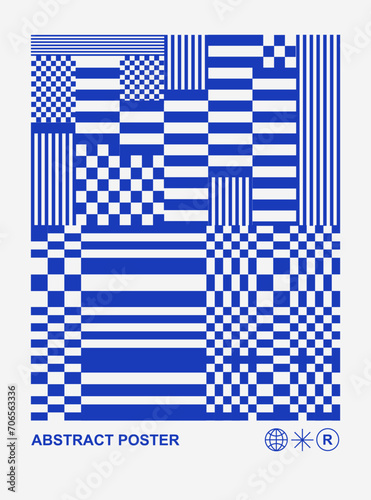Y2k blue trendy print. Glitch effects, Op-art illusion. Retro cyber minimal geometric background. Neo brutalism, Neon, Blue grid. Brutal Vaporwave style, Cyberpunk, modern graphic design. QR Barcode 