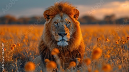 Lion couché ,paisible et calme et pensif dans la savane photo