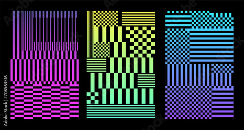 Y2k Pixels glitch trendy print , QR - pattern abstract poster, Cyber futurism, Minimal graphic design, 8 bit, rave, Sequence of QR codes, neon gradient. 