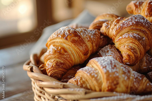 A basket of freshly baked croissants, flaky and golden, with a dusting of powdered sugar