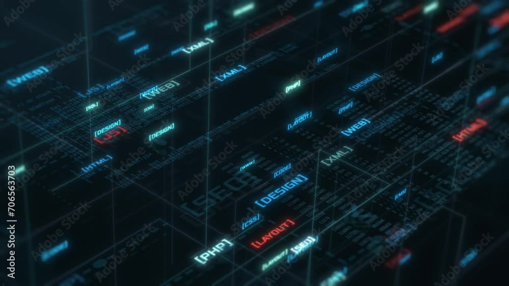 web design and development concept, abstract grid with technical terms, isometric view (3d render)    