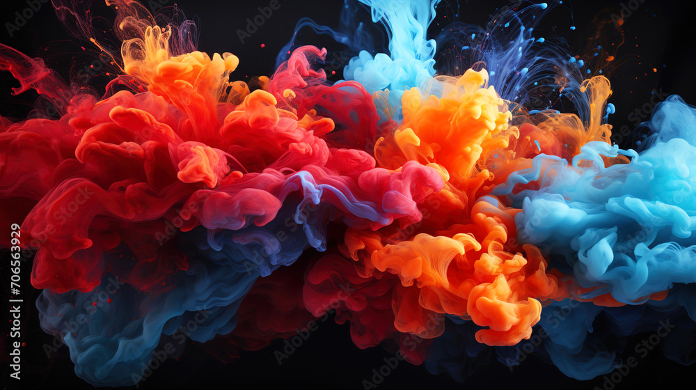 Vibrant Colorful Splash Paint Smoke Dark Background Generative AI