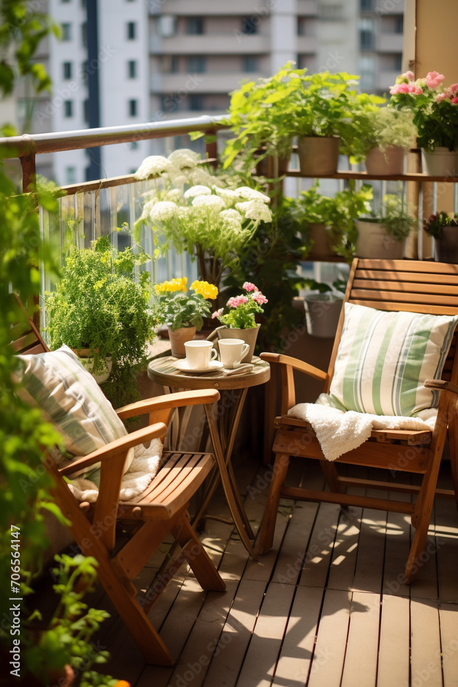 Cozy summer balcony with many plants in pots, armchairs