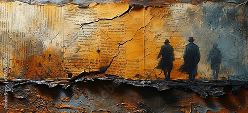 papier déchiré de type journal et polar avec silhouette de personnes en imperméables et chapeaux