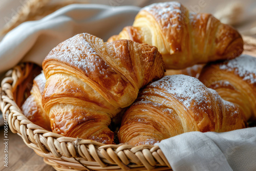 A basket of freshly baked croissants, flaky and golden, with a dusting of powdered sugar