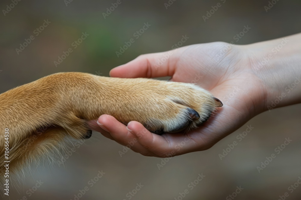 Hand of woman holding dog's paw: woman's hand - obrazy, fototapety, plakaty 