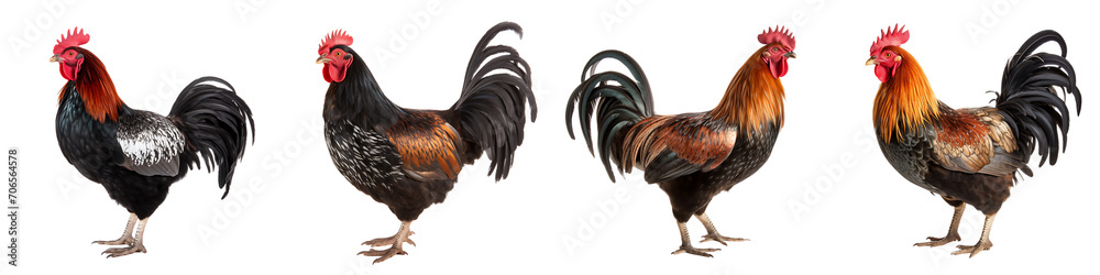 A set of bantam breed in Thailand chicken isolated on a transparent background PNG