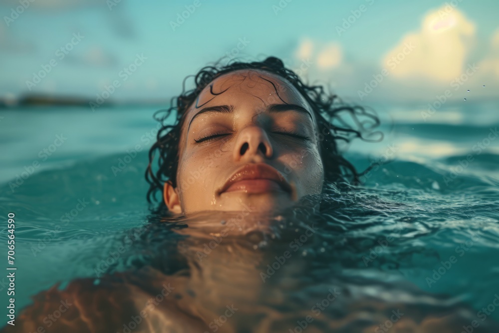 Woman with eyes closed swimming in the sea