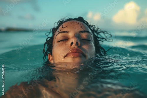 Woman with eyes closed swimming in the sea