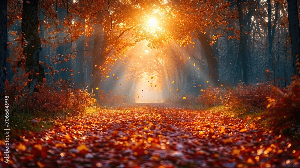 Sunset in the forest, sunlight breaks through the trees of the autumn forest