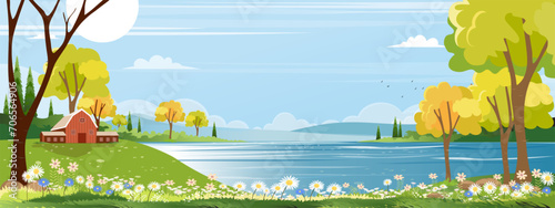Panorama landscape of spring village with green meadow on hills with blue sky, Vector Summer or Spring landscape, Panoramic countryside of green field with farmhouse, barn and grass flowers