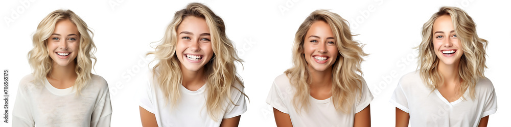 A set of beautiful blond girl smiling happily isolated on a transparent background PNG A set of beautiful blond girl smiling happily isolated on a transparent background PNG