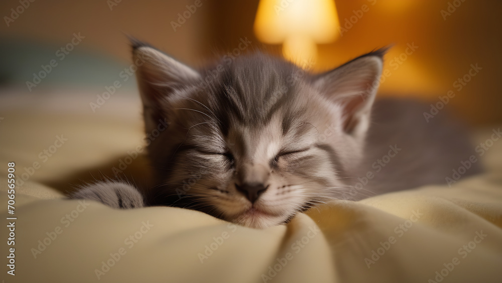 Little adorable grey kitten sleeping in room on bed