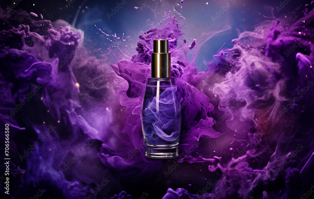 bottle of purple perfume with smoke - obrazy, fototapety, plakaty 