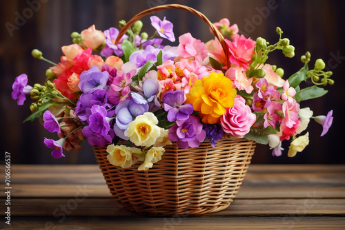 basket full of pansies flowers on a wooden background