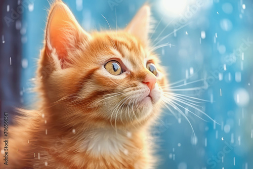 one red kitten in the rain