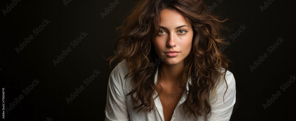 Portrait of a beautiful young woman in a white shirt on a black background Portrait of a beautiful young woman in a white shirt on a black background