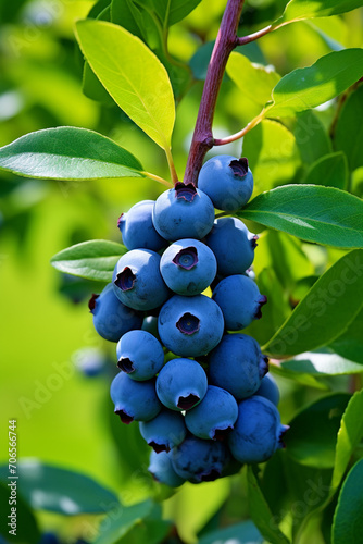 Blueberries - branches of fresh berries in the garden. Harvest concept