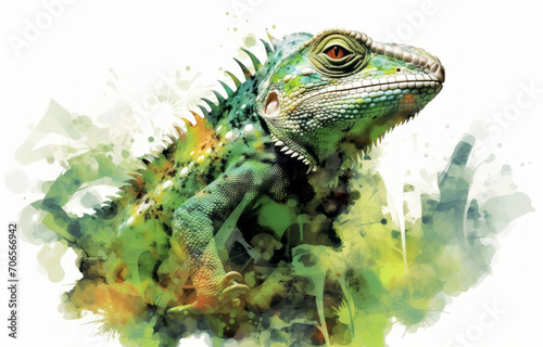 Green iguana on white background. Watercolor painting