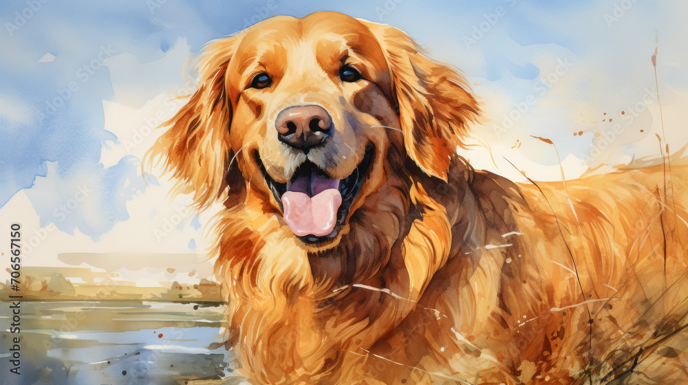 Golden retriever on a watercolor painting background