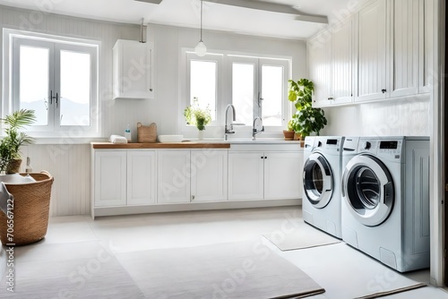 Interior of real laundry room with washing machine at window at home