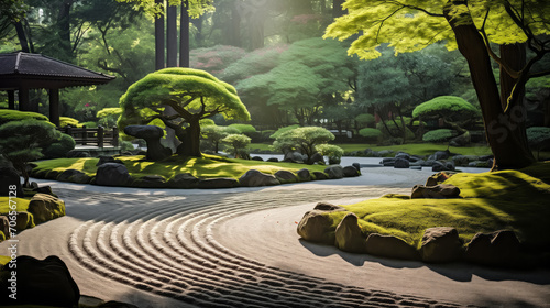Zen garden with raked sand and manicured trees in tranquil setting