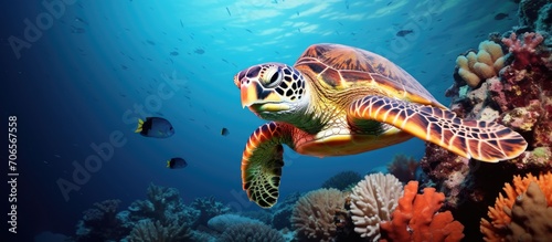 Hawksbill sea turtle resting on Indonesian coral reef. © AkuAku