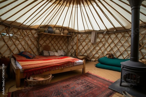 a wild campsite with a roomy yurt adorned with comfortable textiles and cushions. Generative AI