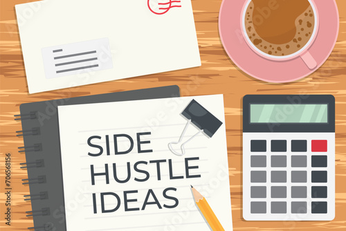 side hustle ideas concept, flat lay view on wooden desk- vector illustration