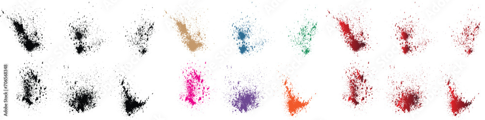 Vector black, red, orange, purple, wheat, green color blood or paint splatter illustration brush line background set