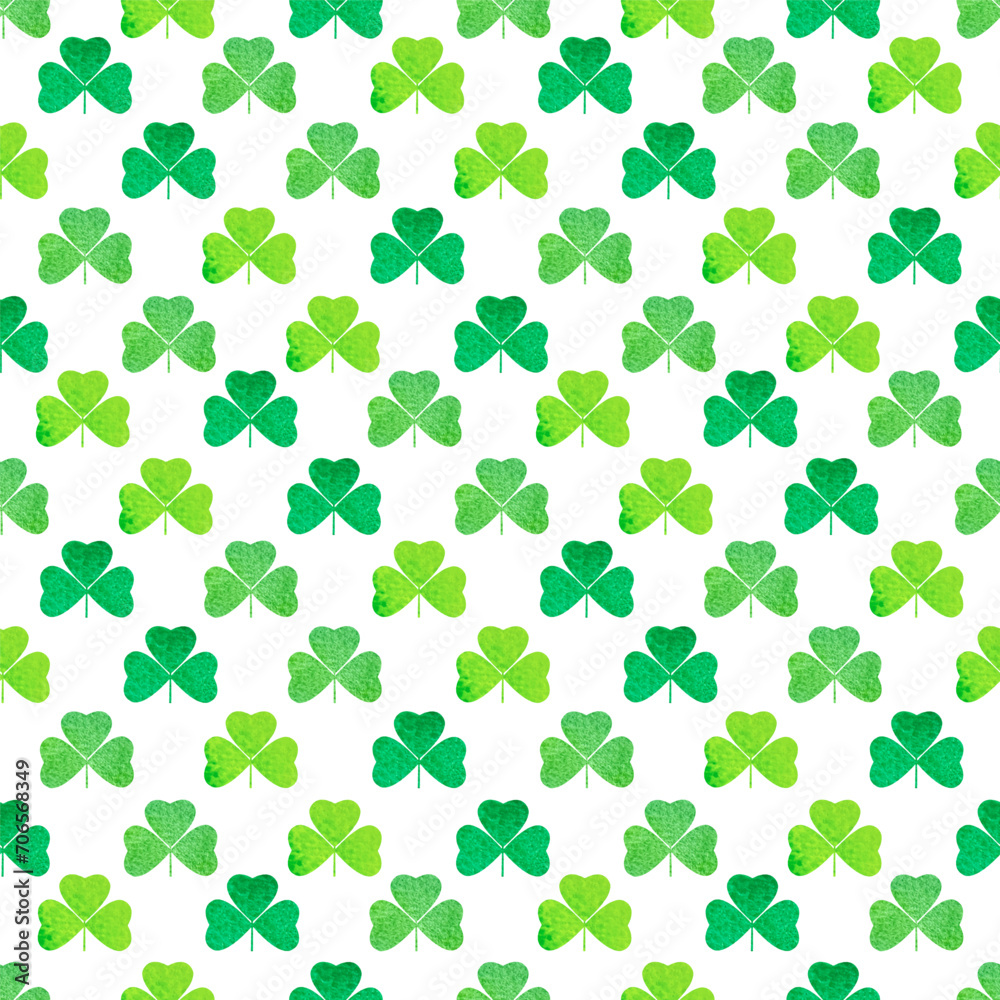 St.Patrick's day seamless pattern with watercolor clover leaves and golden coins on white background St.Patrick's day seamless pattern with watercolor clover leaves and golden coins on white background