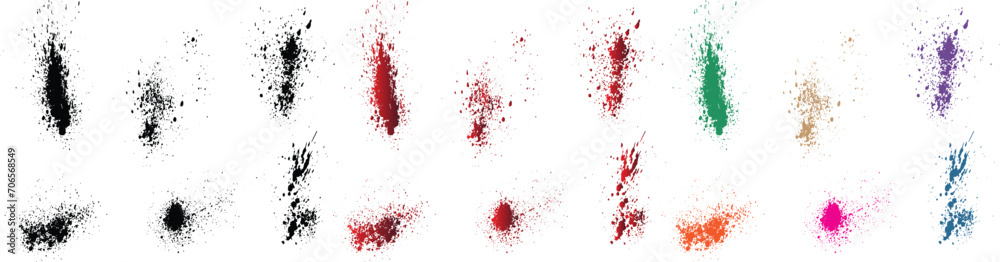 Set of black, red, orange, purple, wheat, green color blood paint splatter brush stroke collection